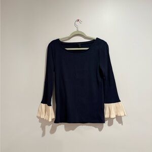 J. Crew Navy ribbed Blouse with Cream ruffle Sleeves